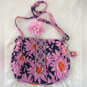 Vera Bradley Pink Navy & Orange Quilted Crossbody Rare Pattern With Bag Charm